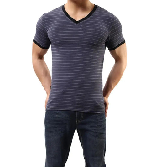 Men's Eco-Friendly Bamboo Fiber V-Neck T-Shirt in Blue-Gray Stripe - His Inwear