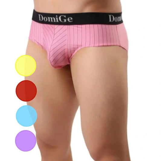 Men's Ice Silk Striped Mid-Waist Trunks with Silver Logo Waistband and Contour Pouch Male Underwear - His Inwear