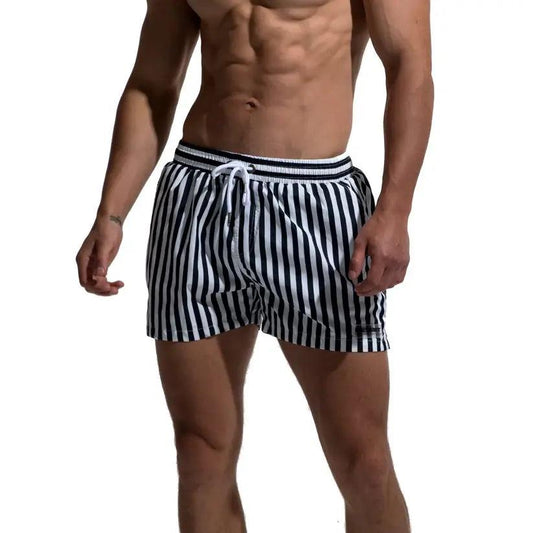 Men's Navy Stripe Lined Board Shorts with Pocket Nylon Swim Trunks - His Inwear