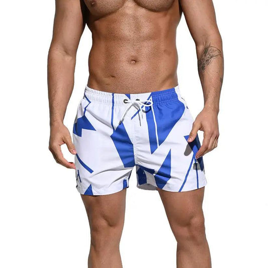 Men's Printed Beach Shorts Blue Block Board Shorts with Mesh Lining - His Inwear