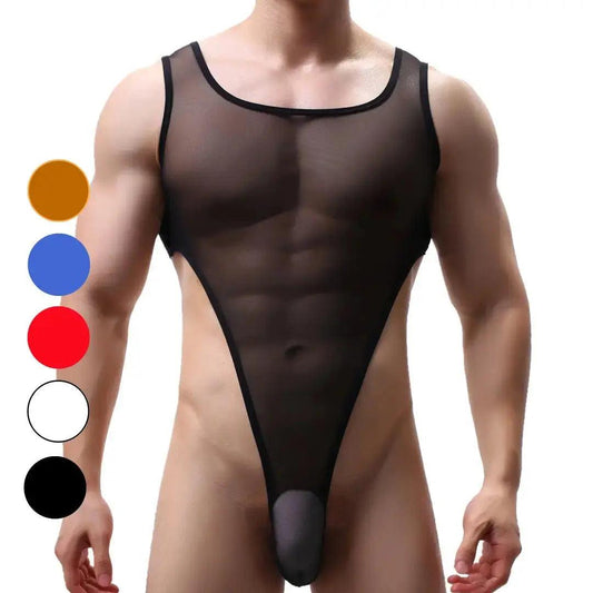 Men's Seductive Black Mesh Bodysuit Thong - Transparent, Stretchy Nylon & Spandex Blend, Comfort Fit Underwear - His Inwear